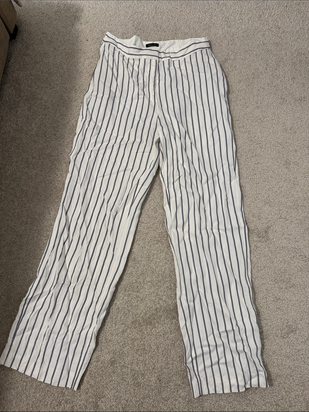 Massimo Dutti White Trousers with Navy Pinstripes